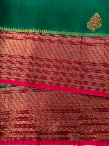Sheer Lightweight Organza Silk Saree with Tussar Silk Border | Antique Zari | Shade of Peacock Green | Handwoven | Ships from California